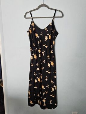 Forever 21 Black Midi Slip Dress with Yellow Floral Print L